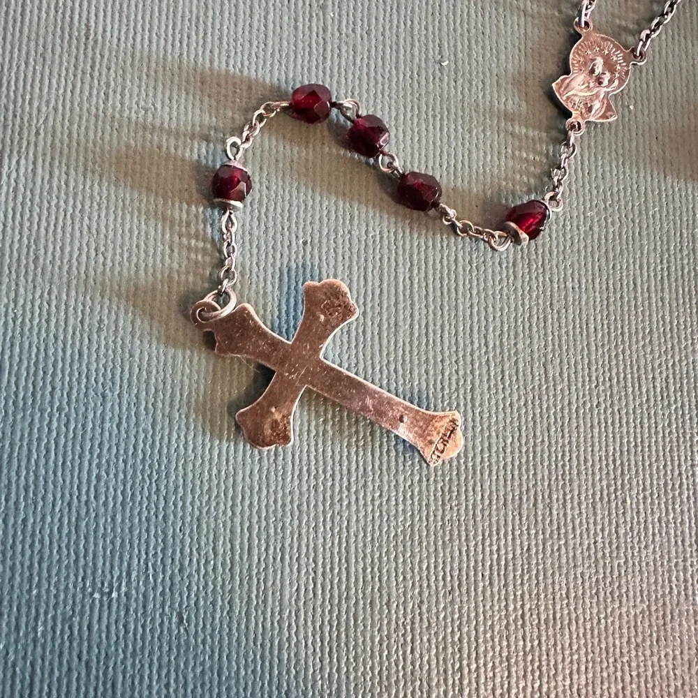 Vintage Sterling Silver and Red Garnet Beaded Cross Crucifix Rosary Necklace - Picture 6 of 7